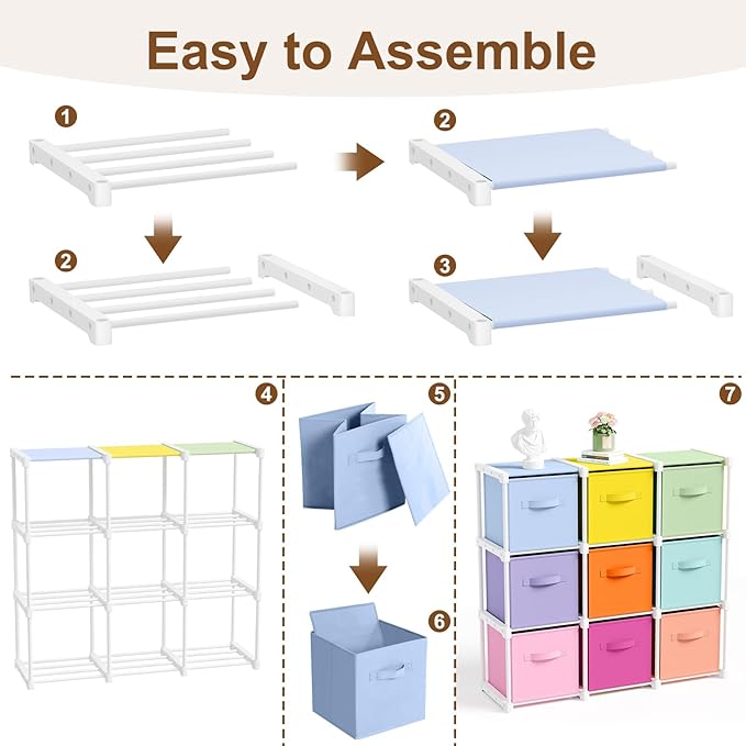 9 Cube Storage Organizer with Shelf Back to School Boxes 11 Inch Toy Storage Bins Closet Organizers Drawers Fabric Dresser for Playroom Books Bedroom Dorm Kitchen (Macaron Colors)