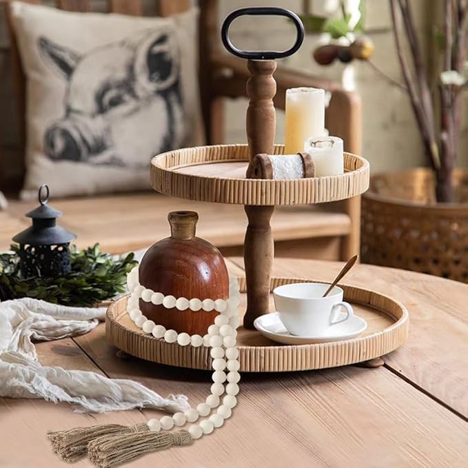 Wood Bead Garland 58 Inch Nature Wooden Beads for Boho Farmhouse Table Home Decor with Tassel, Wooden Prayer Bead, Rustic Country Boho Wall Hanging Decor for Kitchen Modern Living Room Tray Vase Shelf