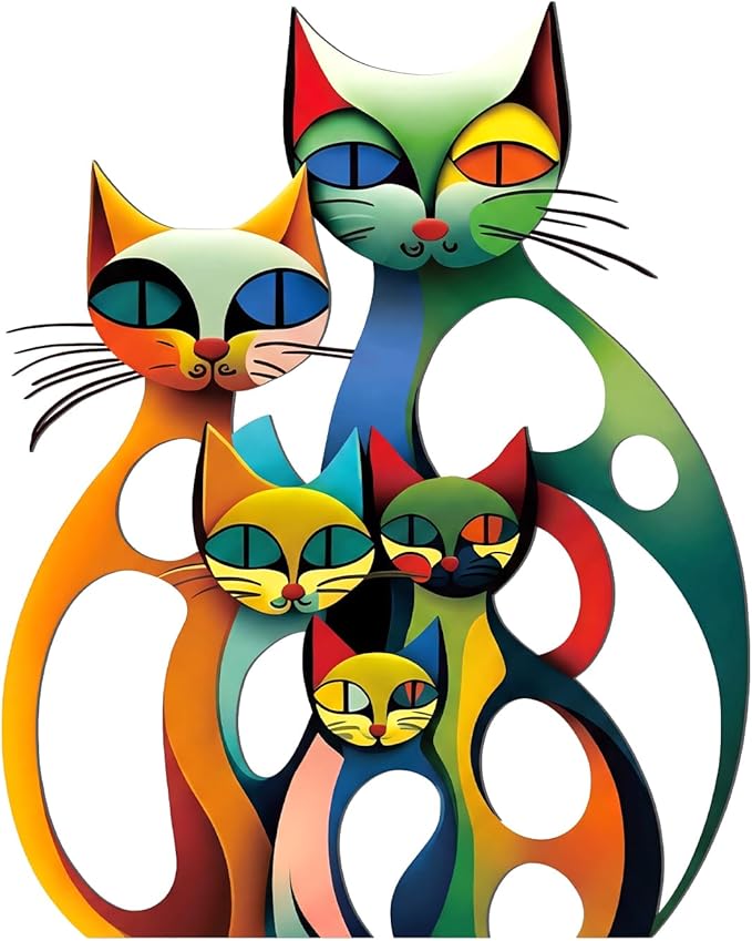 Wesiti Cat Wall Art Decor Iron Wall Sculptures Decor for Cats Lover 13.78 x 11.02 Inches Colorful Mid Century Retro Cat Signs for Home Living Room Bedroom Kitchen Office