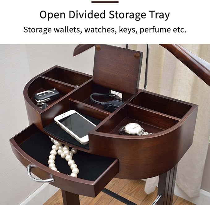 Wood Suit Valet Stand With Drawer Top Tray Freestanding Clothing Valet Stand Suit With Contour Hanger Trouser Bar Tie & Belt Hooks And Shoe Rack Clothes Rack Organizer Storage (Dark Brown B)