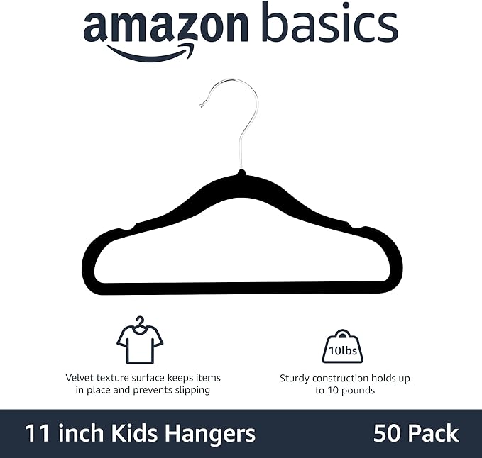 Amazon Basics Kids Velvet, Non-Slip Clothes Hangers for Infant and Toddler, 11.6 in (for baby clothes), Pack of 50, Black