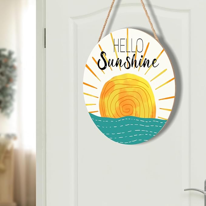 Summer Wreaths for Front Door Hello Sunshine Welcome Sign Summer Sunshine Decoration Wooden Door Hanger Sunset over Sea Farmhouse Hanging Plaque Sign for Home Porch Indoor Outdoor Outside 12”x12”