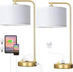 Innqoo Bedside Table Lamps for Bedroom Set of 2-Dimmable Nightstand Lamps with USB Port and Outlet,Modern Gold Lamps with Linen Shade,Tall Desk Lamps for Home Office Bedroom Living Room End Table