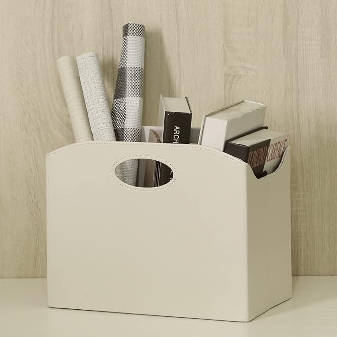 EZDeco Magazine Holder Foldable Magazine Rack Floor PU Leather File Holder Newspaper Book Storage Magazine Basket Document File Folder Organizer for Office Home (Off-White)