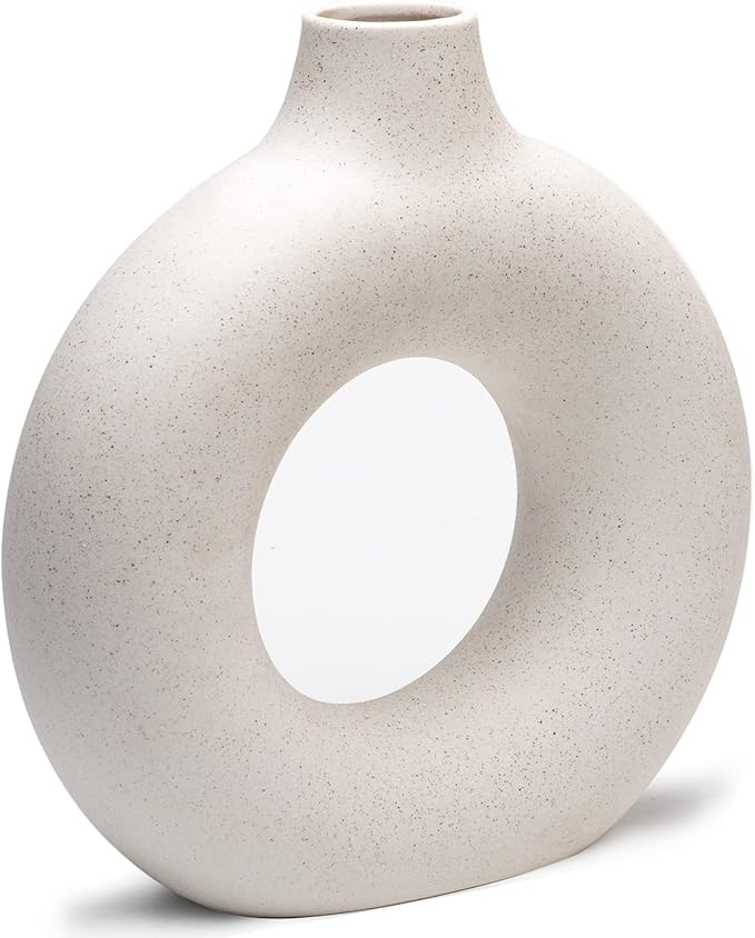 CEMABT White Donut Vase Hollow Ceramic Vase for Flowers Handmade Minimalist Boho ins Style Modern Home Decor for Wedding Dinner Table Party Living Room Office Bedroom(M)