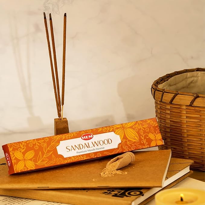 HEM Premium Sandalwood Masala Incense Sticks | Soothing Aroma, Air Purifier for Meditation | Aromatherapy Incense For Anxiety & Stress Relief | Gift Set | Pack of 12 (15 gms each)