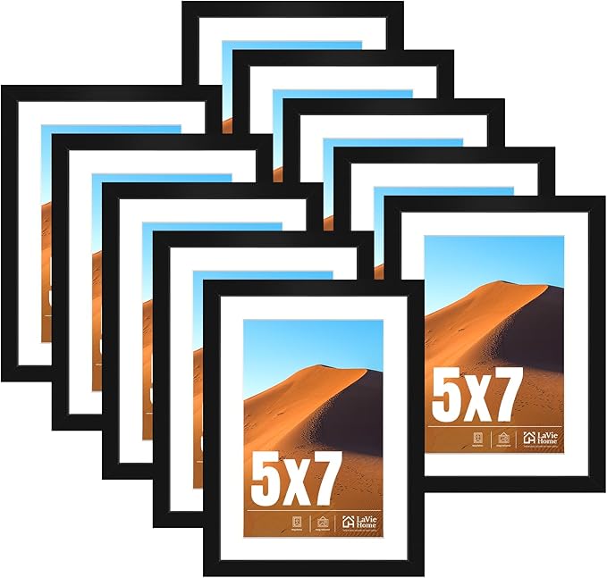 LaVie Home 5x7 Picture Frame Black Set of 10, Display 4x6 with Mat or 5 x 7 Without Mat Picture, Photo Frame Collage for Wall Gallery or Table Deco, Hanging or Tabletop Display