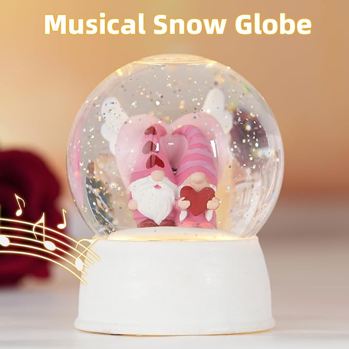 Valentines Day Decor Musical Gnomes Snow Globe, Couple Gnomes Lighted Snow Globe with 6H Timer, USB/Battery Operated, Birthday Wedding Valentine's Day Gifts for Women