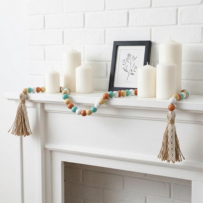 Wood Beads Garland with Tassels, 42.4in Farmhouse Rustic Style Colorful Wood Beads String, Large Antique Wooden Prayer, Boho Home Festival Decor Garland Rosary Rope
