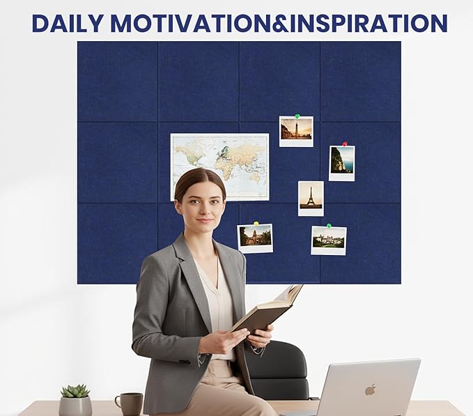 Large Cork Board Alternative 36" X 24" Bulletin Board - 6 Pack Removable Felt Wall Tiles with 20 pushpins, Large Cork Boards for Walls Cork Board for Office Pin Board Tack Board - Denim Blue