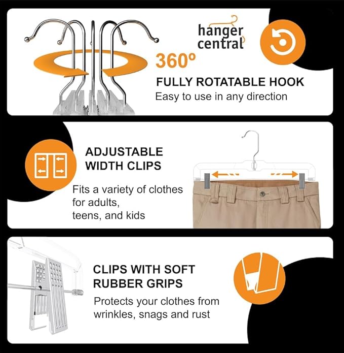 Hanger Central Premium 14 Inch Clear Pants Hangers with Adjustable Clips - 12 Pack Space-Saving Skirt Hangers - Non-Slip Heavy Duty Plastic Closet Organizers with 360° Swivel Hook
