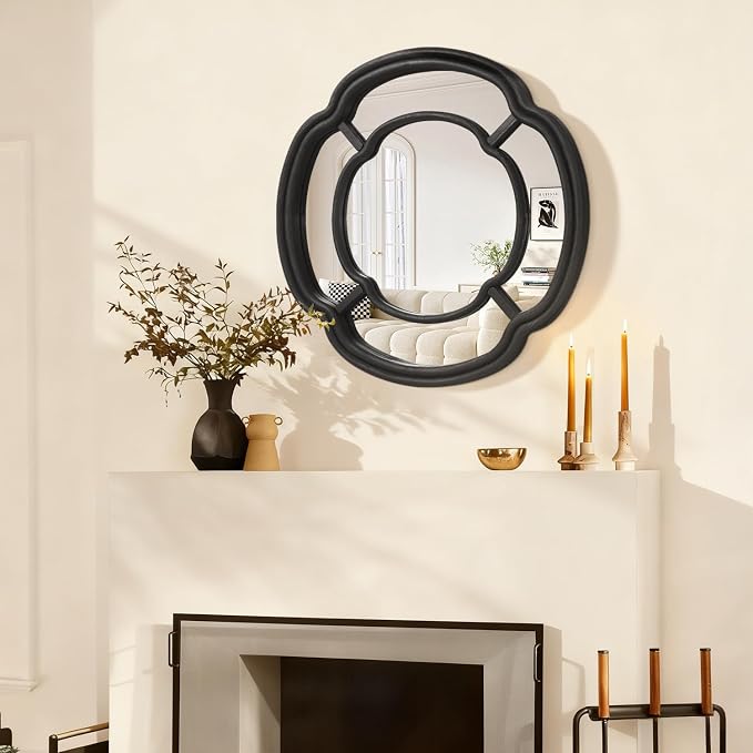 Black Wall Mounted Mirror, Irregular Circle Hanging Mirror Wooden Wavy Framed Round Decorative Mirrors for Hallway Entryway Vanity Decor 20 Inch Mirrors