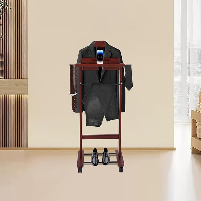 Wooden Freestanding Clothes Stand with Sturdy Base, Multi-functional Suit Valet Stand, Coat Rack with Top Drawer, Tie Hangers, Storage Compartments for Office, Bedroom, Living Room (Reddish Orange)