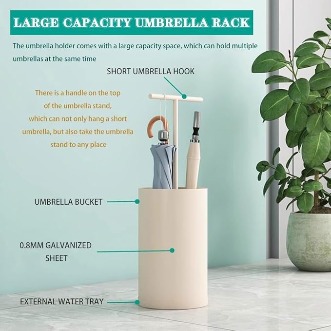 Compact Umbrella Stand for Home, Modern Design Umbrella Holder with Handle, Stylish Indoor Umbrella Storage Bucket - Beige Color, Space-Saving Umbrella Organizer