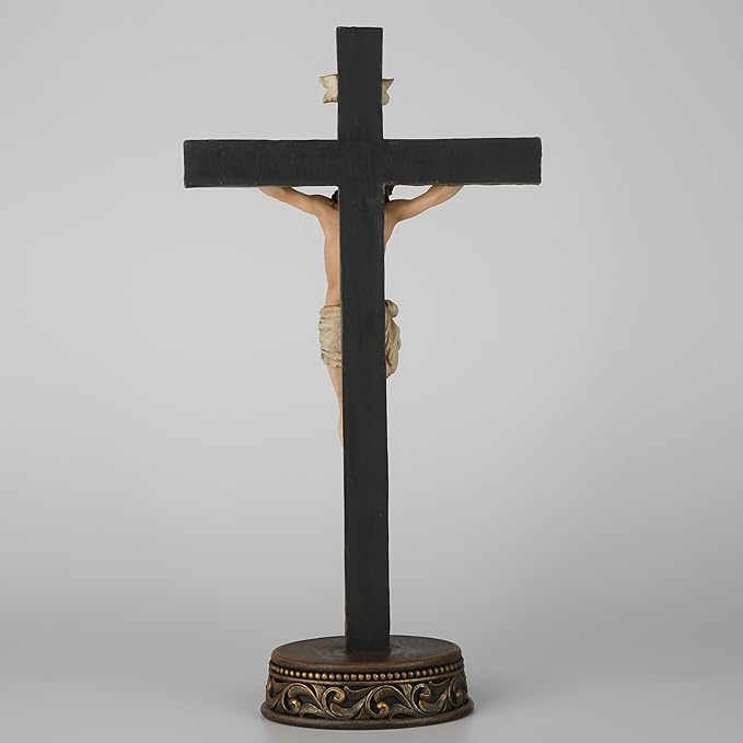 BC Catholic Crucifix Standing Cross, 15" H Jesus Christ Tabletop Home Decor, Religious Gift, Wood Carve Look, Realistic Color Finish, Renaissance Sculpture Hand Painted by Buildclassic
