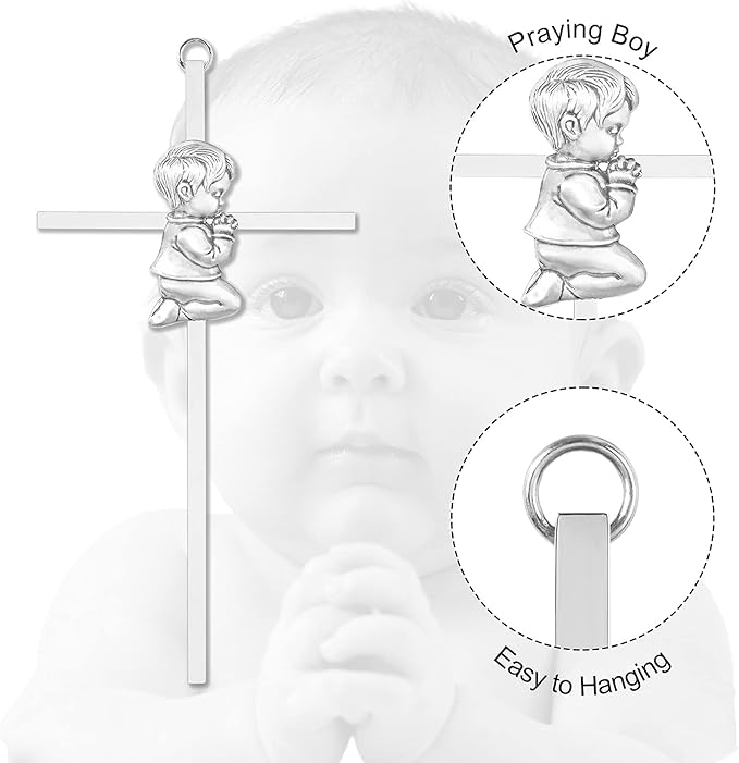 Tryuunion Baby Wall Cross Baptism Gifts for Boys, 7-inch Silver Blessing Boy Baptism Crosses for First Holy Communion Christening and Dedication Baptismal Gifts from Godparents