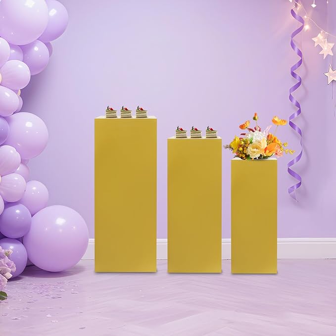 3 PCS Display Pedestal Stand, Metal Display Pedestal Stands Decoration Cube Sculpture Displays Column Square Displays Stands Pillars for Wedding Party Baby Shower Birthday (Gold, 3PCS)