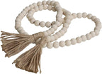 Farmhouse Beads 58in Wood Bead Garland with Tassels, Rustic Country Boho Wall Hanging Decor, Prayer Beads