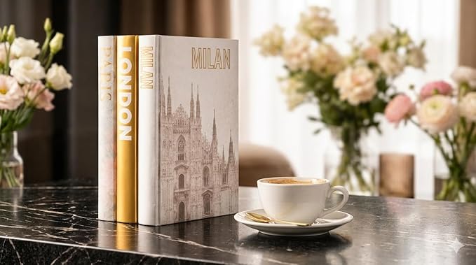 Decorative Books for Home - Shelf Decor Accents - Set of 3 - Modern Hardcover Book Stack - Matte Gold Coffee & Entry Table Decoration - Contemporary Display - Fashion Designer Dresser Aestethics