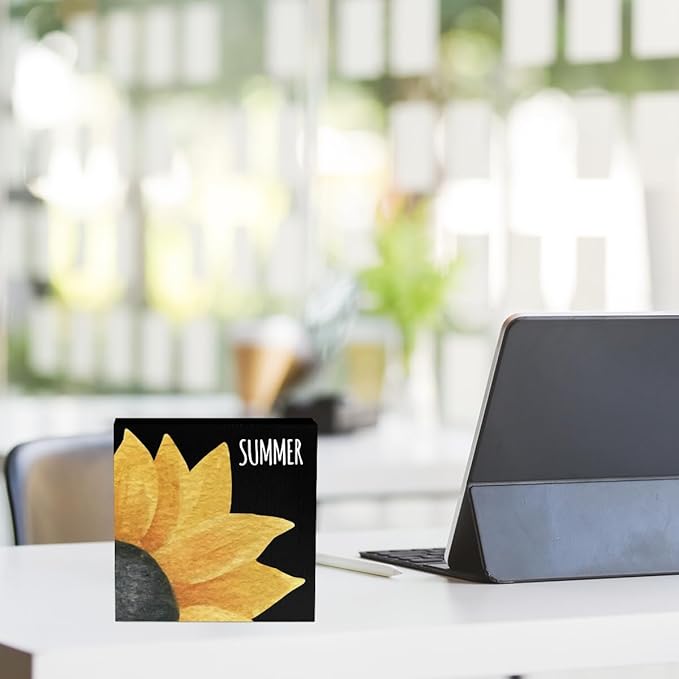 IYEZH Summer Decor Sunshine Wood Box Sign, Sunflower Summer - Rustic Country Wooden Square Sign, 5 x 5 Inches - Desk Decor, Wall Decor, Home, Office, Kitchen, Bathroom