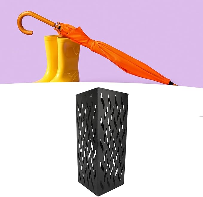Metal Umbrella Holder, Hollow Out Design rectangular Umbrella Rack Stand, Entryway Umbrella Stand Rectangular Canes Walking Stick Storage Bin for Home Office Decor (Black)