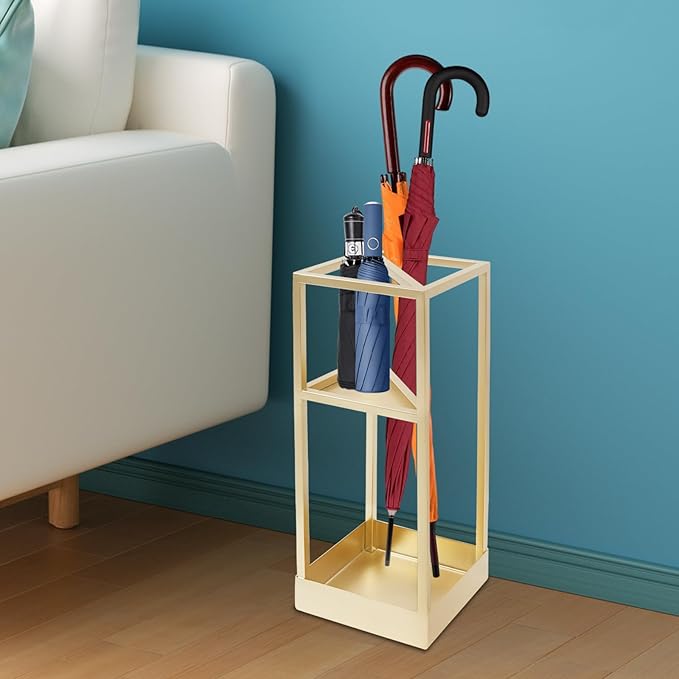 Umbrella Rack for Entryway, Modern Metal 20.87in Tall Freestanding Umbrella Holder with Built-in Shelf, Compact Storage for Long&Short Stick Rain Umbrellas and Walking Canes (Golden)