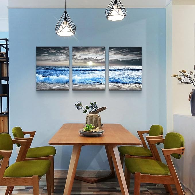 MHARTK66 3 Piece Canvas Wall Art - Blue Ocean Wave Seascape Pictures - Bedroom, Living Room, Office Wall Decor - Modern Home Decor