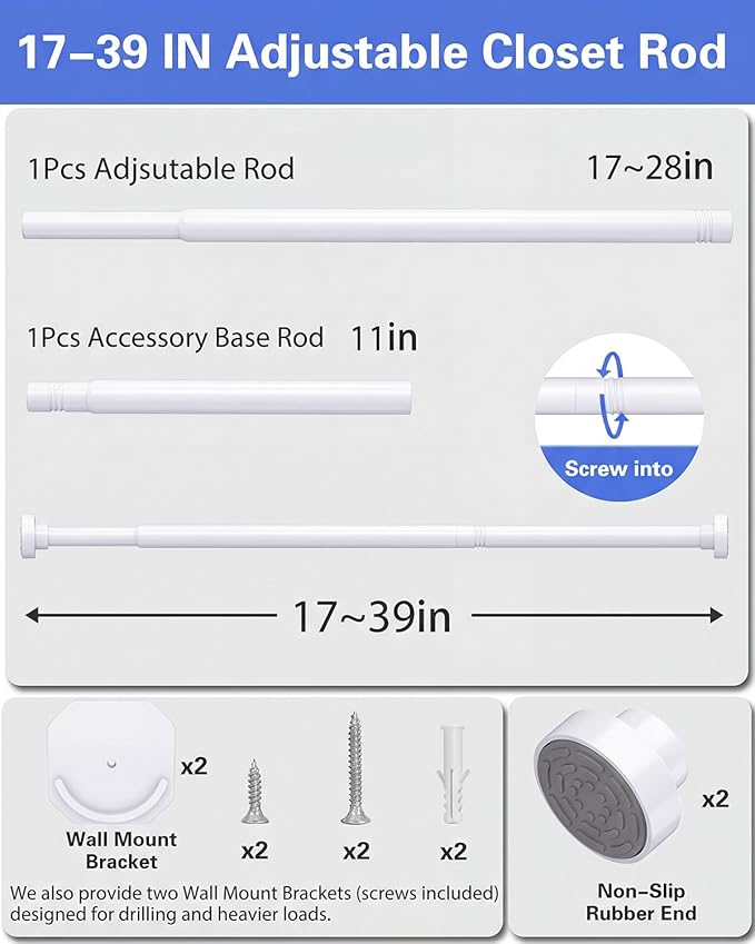 No Drilling Closet Rods for Hanging Clothes, Non Slip Tension Rod with Heavy Duty Clothes Hanging Rod, 17-39 Inches Adjustable Spring Closet Rod for Closet Wardrobe Bathroom Laundry RV, White