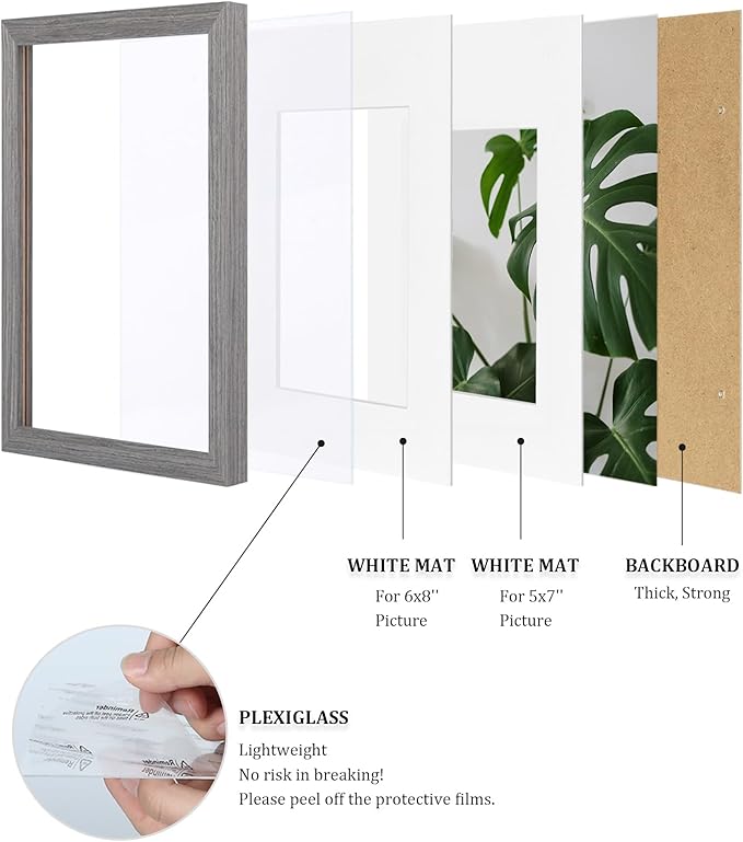 Egofine 8x12 Picture Frames Set of 4, Made of Solid Wood Covered by Plexiglass 5x7 and 6x8 with Mat or 8x12 without Mat, for Table Top Display and Wall Mounting Photo Frame Light Grey