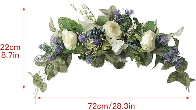 28in Artificial Rose Hydrangea Swag for Lintel,Faux White Penoy Swag Wedding Arch Flowers with Eucalyptus Leaves Blueberry,Rustic Floral Swag for Home Room Garden Front Door Party Decor