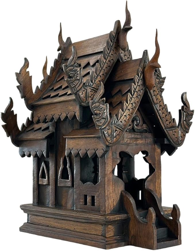 Large Wood Carved Thai Spirit House Model, Asian Inspired Home Decor, 15 Inches Tall