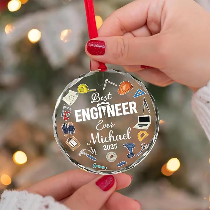 BSQUIELE Personalized Best Engineer Ever Glass Ornament 2025 - Civil Engineering Gift for Retirement Custom Name Keepsake - Unique Xmas Tree Hanging Decoration