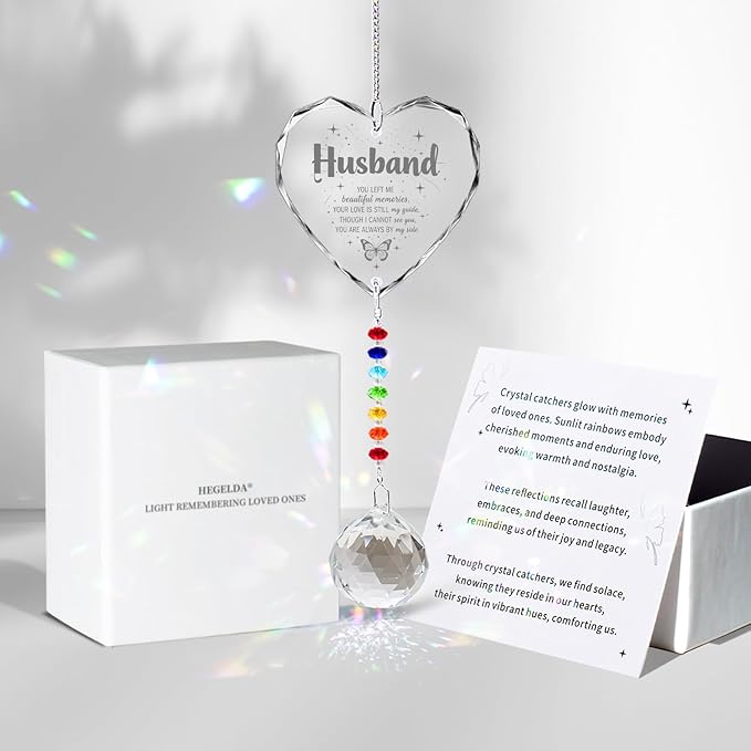 Sympathy Gifts for Loss of Loved One, Crystal Sun Catcher Rainbow Maker, Condolence Memorial for Loss of Mom Dad Dog (Husband-Type B)