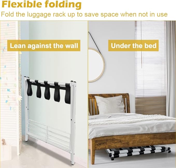 mocomax 1 Pack Folding Luggage Rack for Guest Room, Foldable Suitcase Stand Holder with Metal Storage Shelf for Bedroom, Living Room, Hotel Essentials, Heavy Duty Steel Frame, White