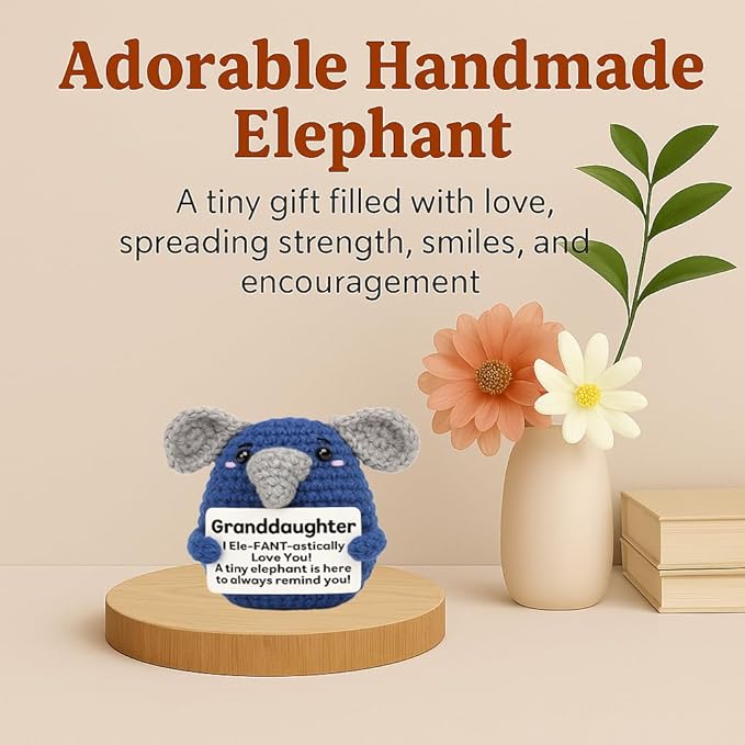 Granddaughter Gifts from Grandma Grandpa, Handmade Crochet Elephant Doll, Cute Emotional Support Animal Gift for Granddaughter, Inspirational Birthday Graduation Gift Idea