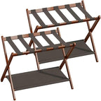 2 Pack Bamboo Luggage Rack for Guest Room, 26.77" Folding Wide Suitcase Stand with Fabric Storage Shelf, Thickened Luggage Stand Holder for Bedroom Hotel, Luggage Rack for Suitcases (2 Pack - Brown)