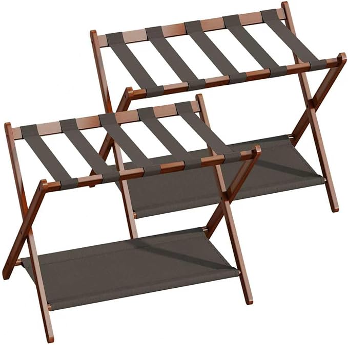 2 Pack Bamboo Luggage Rack for Guest Room, 26.77" Folding Wide Suitcase Stand with Fabric Storage Shelf, Thickened Luggage Stand Holder for Bedroom Hotel, Luggage Rack for Suitcases (2 Pack - Brown)