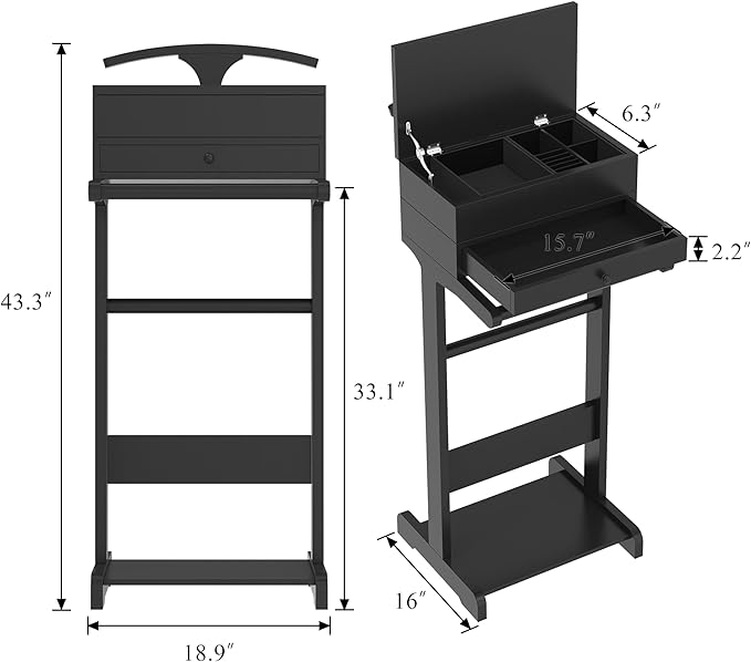 Mens Valet Stand with Drawer, Tray, Shoe Shelf and Suit Rack, Wooden Clothing Rack for Men Women, Clothes Valet Stand for Bedroom Entryway