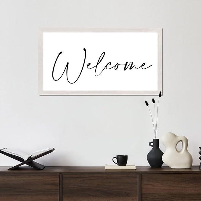Retro Style Positive Saying Wood Sign with Religious Quotes Welcome White Frame Wooden Plaque for Bathroom Farmhouse Cottage Garden Yard Porch Cafe Bar Wall Decor Birthday Housewarming Gift 12x22in