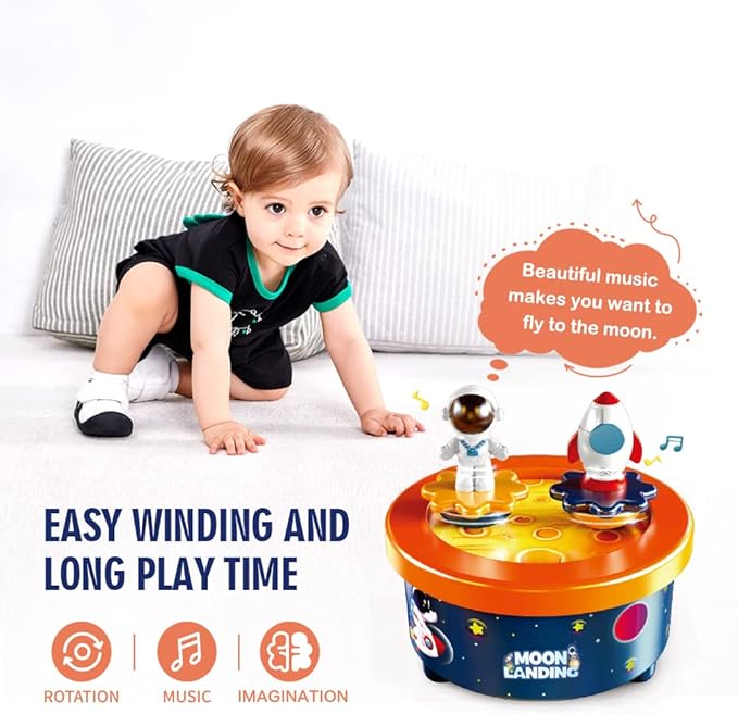 Moon Landing Music Box with Astronaut & Rocket Figures – Wind-Up Musical Space Toy Plays “Fly Me to the Moon” – Spinning Cake Topper Decoration – 4+ Minute Playtime – Birthday Gift for Kids & Adults