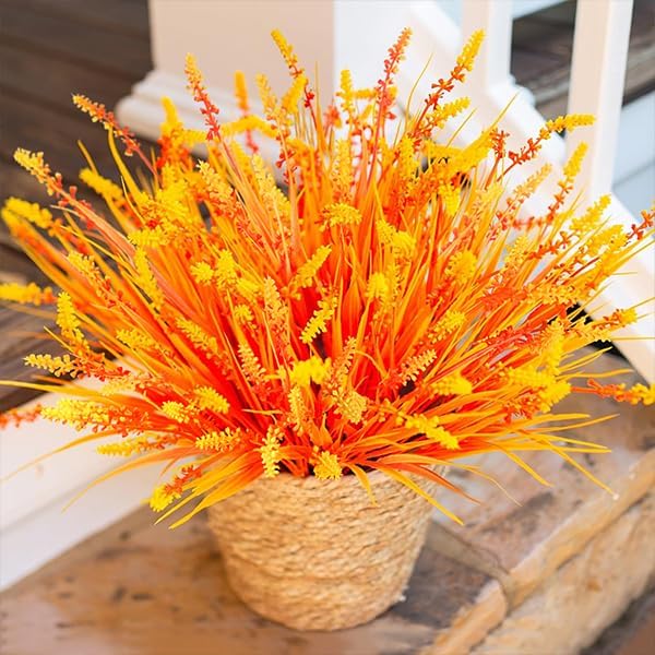 Artificial Fake Plants Flowers for Outdoors Fall Decor, 10 Bundles Fall Leaves Faux Lavender Flowers for Autumn Decoration, Fake Shrubs UV Resistant Planter for Garden Porch Balcony Home Patio Yard