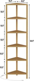 TUTOTAK Corner Shelf with LED Light, 6-Tier Corner Bookshelf for Small Space, Narrow Display Corner Shelf Stand with Storage Rack, for Living Room, Bedroom, Natural BS05BN006L