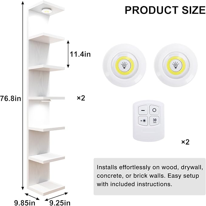 Fixwal 7 Tier Wall Mounted Shelf Set of 2 White Lack Wall Shelf with LED Lights Floating Shelves for Home Decor Organizer Display
