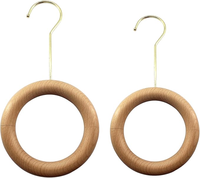 2 Pcs Natural Wood Scarf Hanger Ring Holder with Gold Hook Organiser Storage Hanger for Shop Display Wardrobe Closet Scarves Shawl Tie Belt Towel Necklace Jewellery Accessory Rack