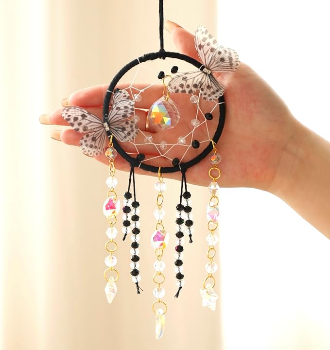 Artilady Dream Catcher for Girls - Butterfly Small Black Dream Catchers with Crystals Cute Room Decor for Teen Girls Boys Boho Bedroom Wall Home Decorations Birthday Christmas Women Kids Gifts