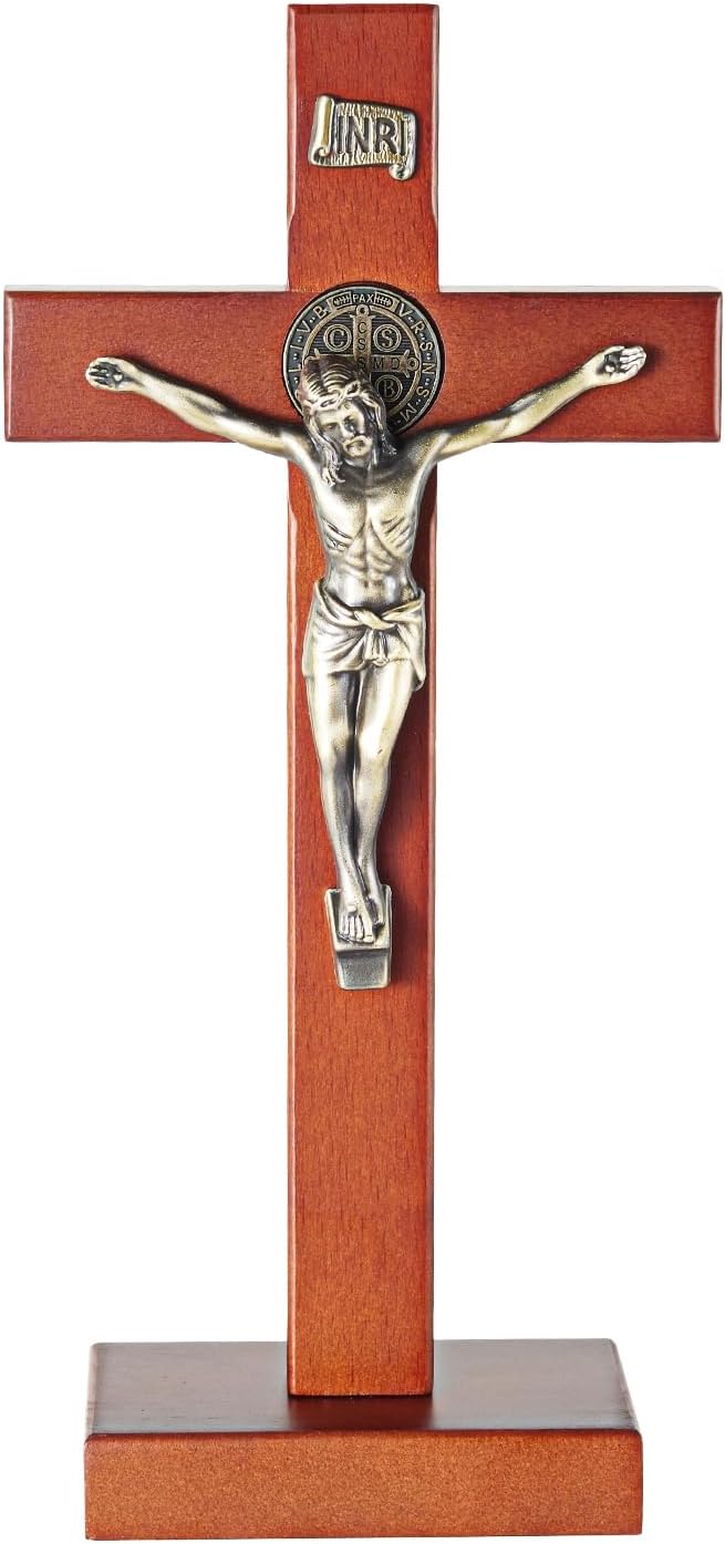 ARCHOBAN Wooden Crucifix Wall Cross Catholic with Stand, 10.7 Inch Jesus Christ Standing Cross for Wall and Table - Brown + Antique Brass