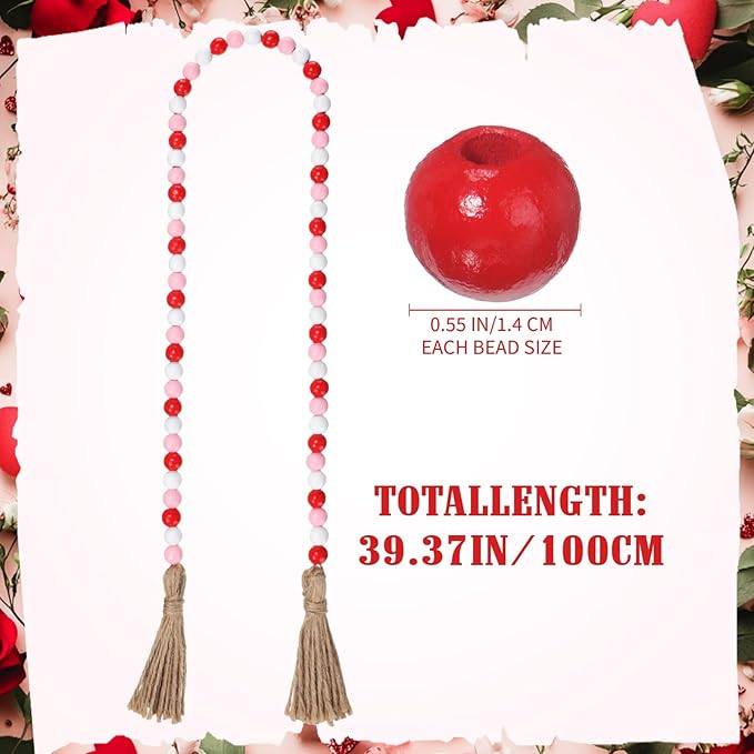 Equsion Seasonal Wooden Bead Garland with Tassels, 3.3 ft Holiday Vintage Boho Bead Garland Easter Tray Decoration, Vase Wall Room Art Birthday Party Decoration(Valentine's Day Colors)