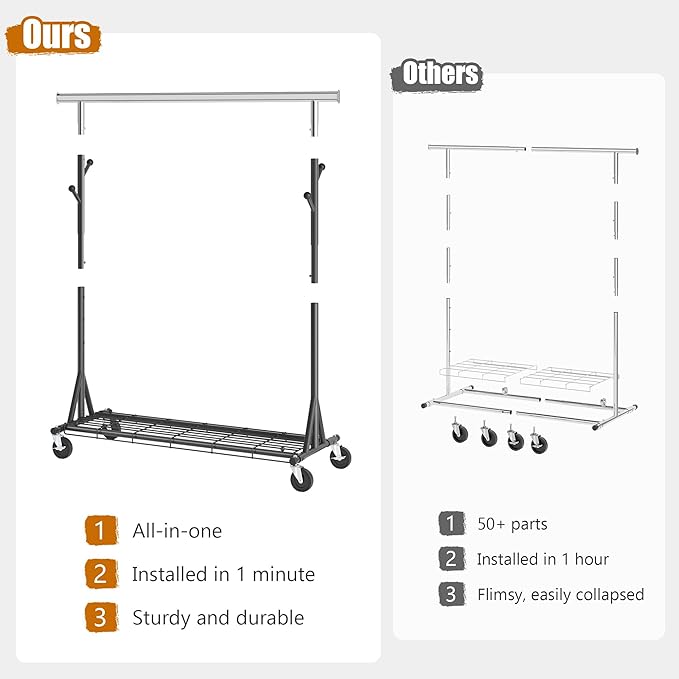 Garment Rack Load 530lbs,Heavy Duty Rolling Clothes Rack With Sturdy Wheel And Shelves, Adjustable Portable Hanging Rack For Clothes, Chrome Stainless Steel, Black
