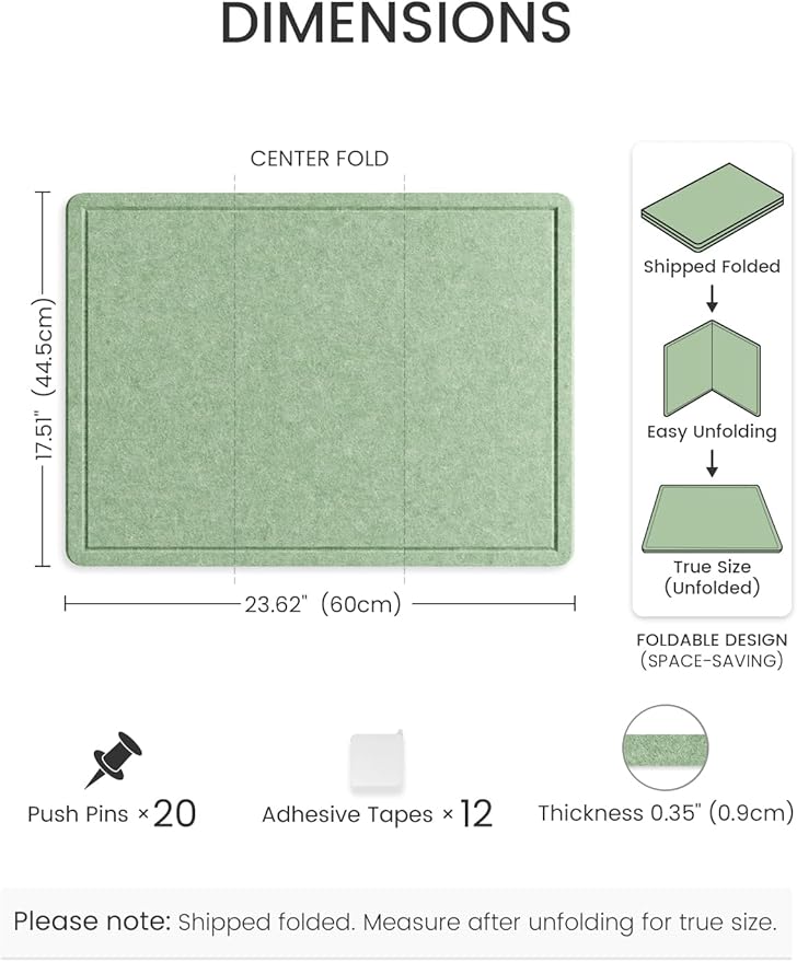 Fluxynara Bulletin Board, 23.6" x 17.5" Cork Board Alternative with 12 Safe Removable Adhesive Tabs, Foldable Felt Pin Board for Home Office, Classroom, Bedroom,Entryway for Walls—Moss Green