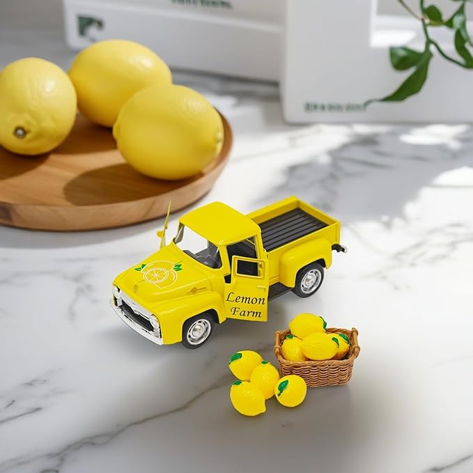 Lemon Decor - 4.9″Farmhouse Vintage Metal Truck with Mini Fake Lemons for Home Kitchen Table, Shelf, Party Decorations and Lemonade Stand Decor Summer Tiered Tray Decoration